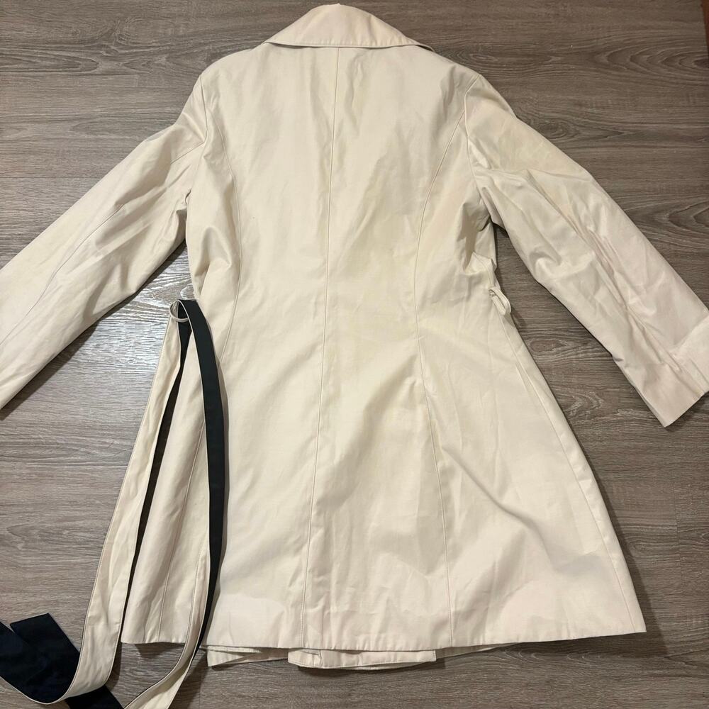 Betsey Johnson Trench Coat Womens Sz L Beige Ruffle Collar Leopard Lining Belted - Picture 6 of 12